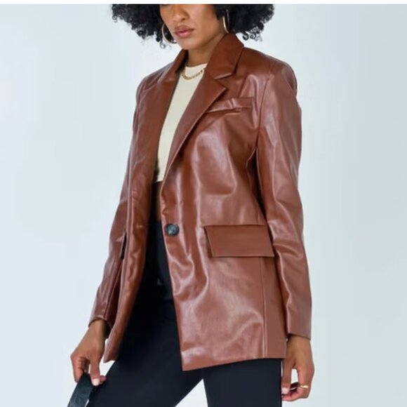Princess Polly Jocelyn Faux Vegan Leather Brown Blazer Jacket Small / XSmall - Picture 1 of 6
